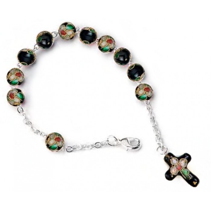 DECINA BRACCIALE CON GRANI E CROCE CLOISONNÉ SMALTO NERO