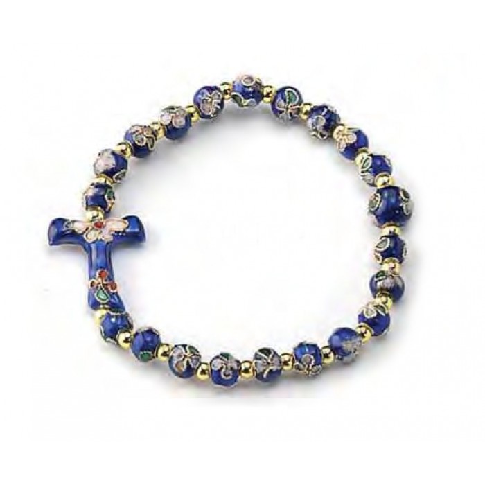 BRACCIALE ROSARIO ELASTICIZZATO GRANI E CROCE CLOISONNÉ SMALTO BLU