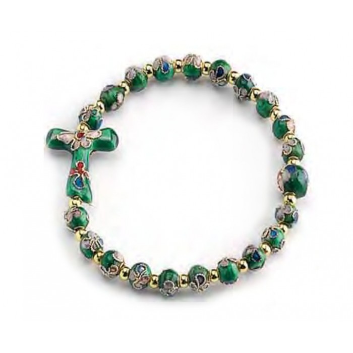 BRACCIALE ROSARIO ELASTICIZZATO GRANI E CROCE CLOISONNÉ SMALTO VERDE