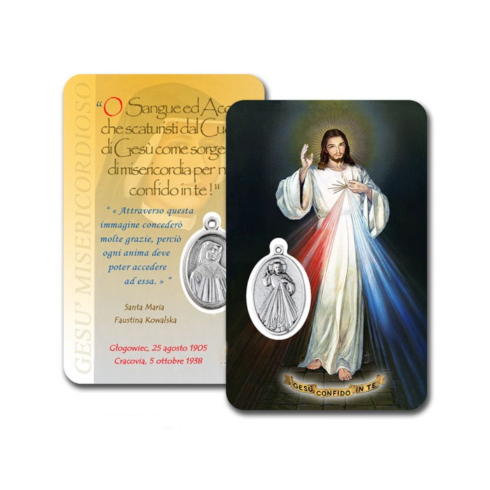 CARD PLASTIFICATA GESÙ MISERICORDIOSO CON MEDAGLIA