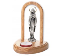Altarino votivo legno con statuina metallo Madonna di Lourdes e Candelina