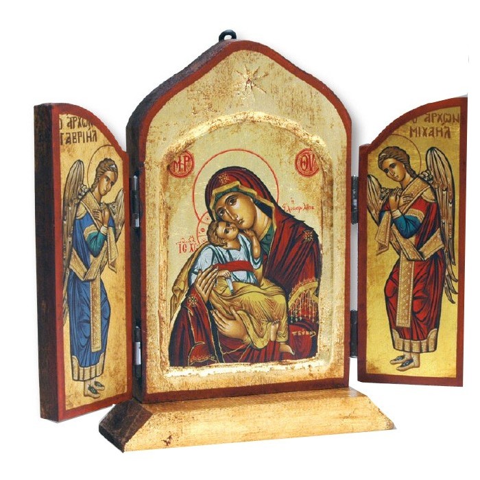 TRITTICO GRECO IN LEGNO CON SERIGRAFIA DORATA MADONNA DEL DOLCE AMORE