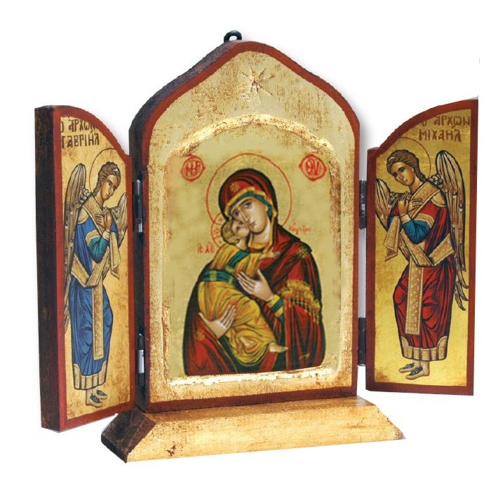 TRITTICO GRECO IN LEGNO CON SERIGRAFIA DORATA MADONNA DI VLADIMIR