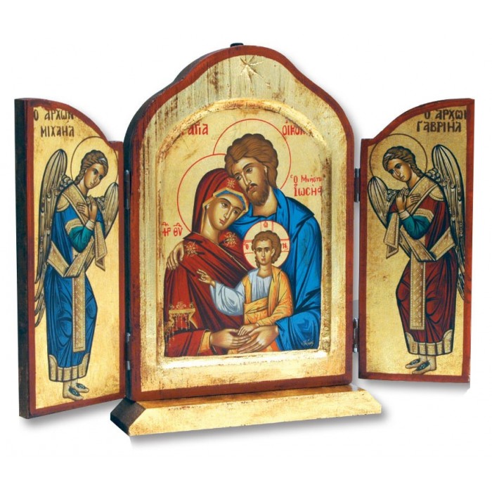 TRITTICO GRECO IN LEGNO CON SERIGRAFIA DORATA SACRA FAMIGLIA