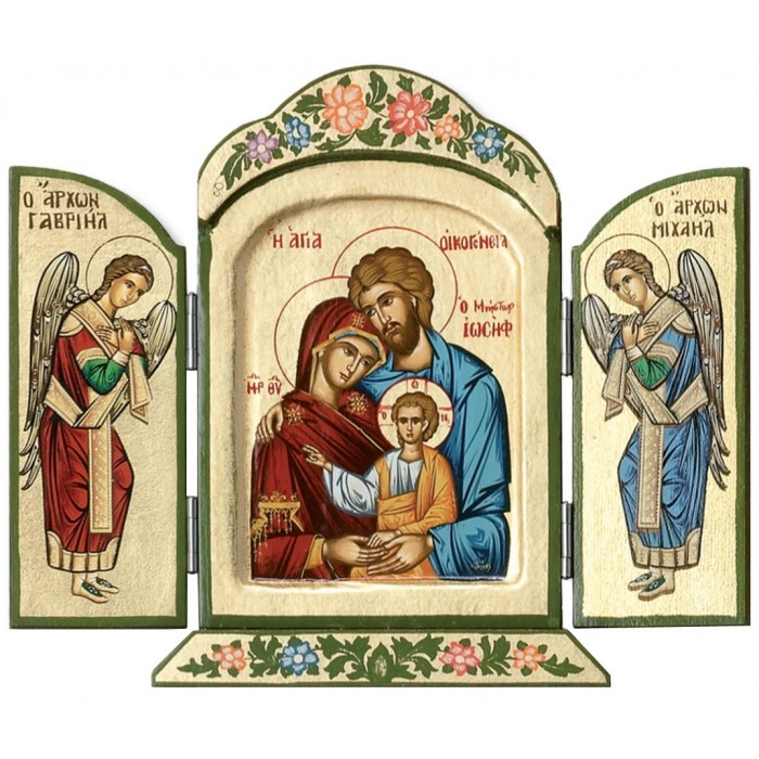 TRITTICO GRECO IN LEGNO SACRA FAMIGLIA SERIGRAFATA SU TELA