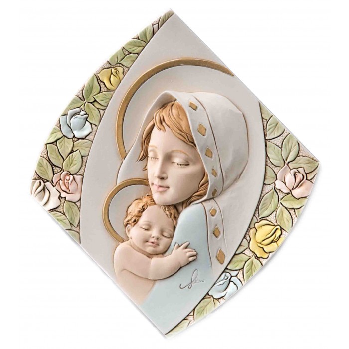 QUADRO CAPEZZALE MADONNA CON BAMBINO PIETRA RICOSTRUITA