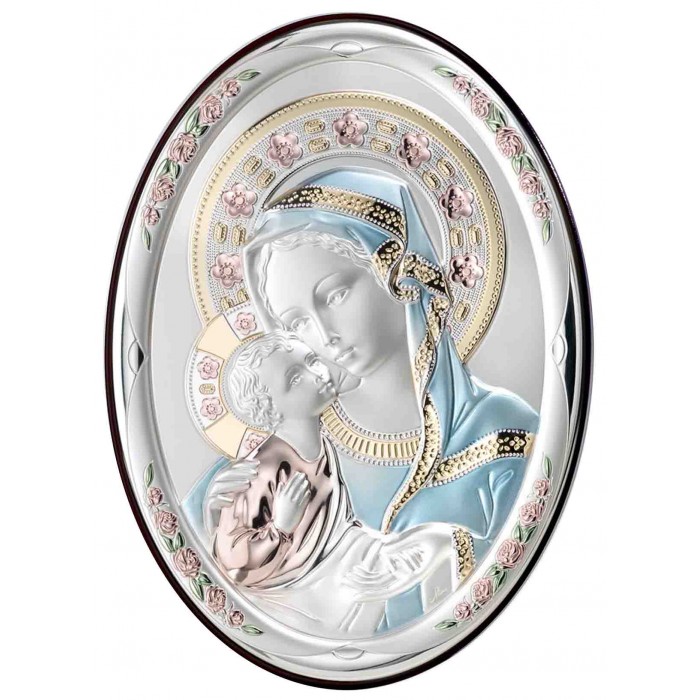 QUADRO MADONNA CON BAMBINO IN ARGENTO BILAMINATO DECORATO