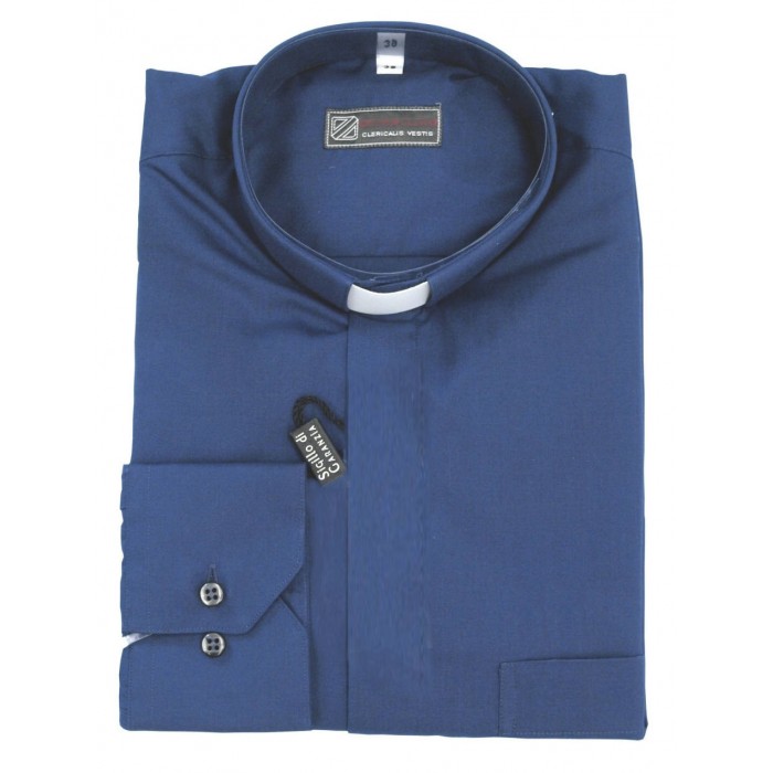 CAMICIA CLERGY SACERDOTE BLU MISTO COTONE MANICA LUNGA