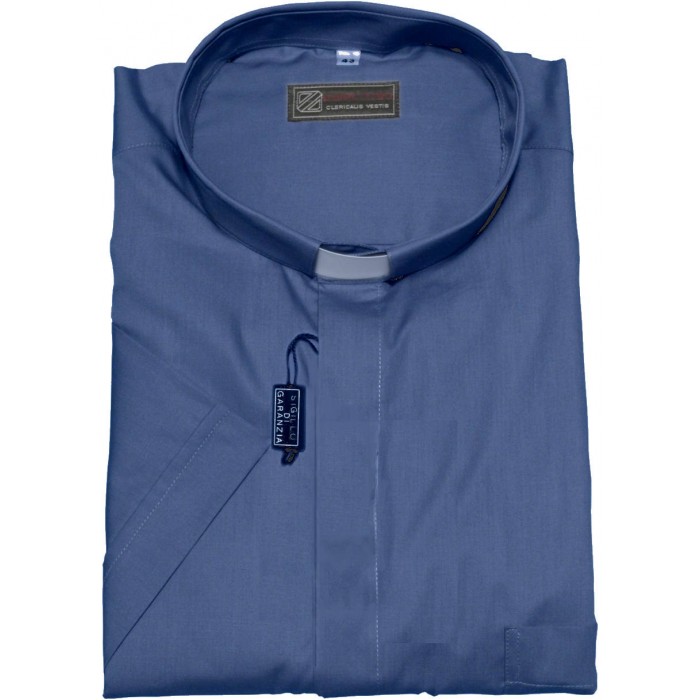 CAMICIA CLERGY SACERDOTE BLU COTONE POPELINE MEZZA MANICA