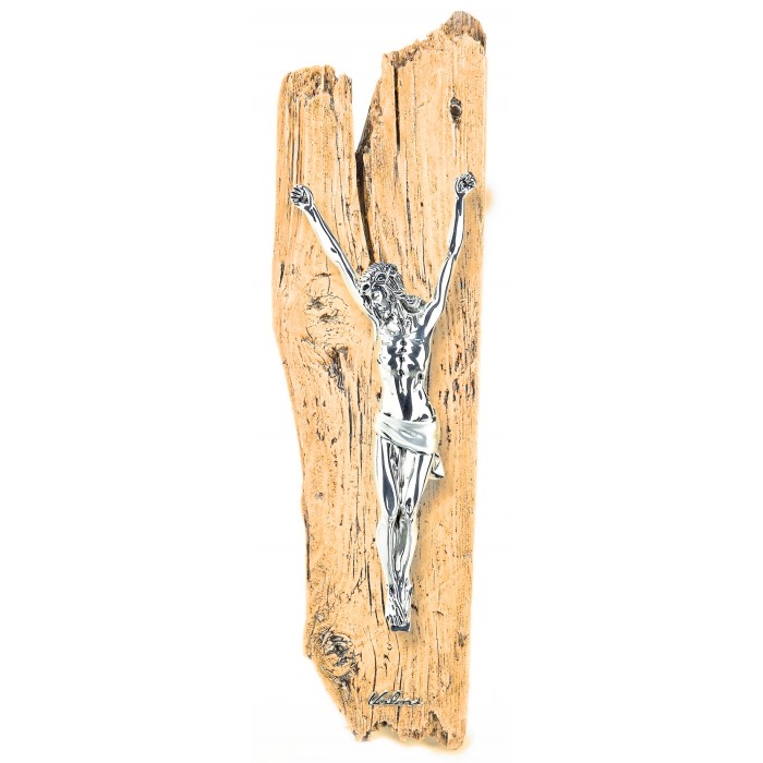 CRISTO RESINA ARGENTATA SU TAVOLA LEGNO "COLLEZIONE FEDE E CARISMA"