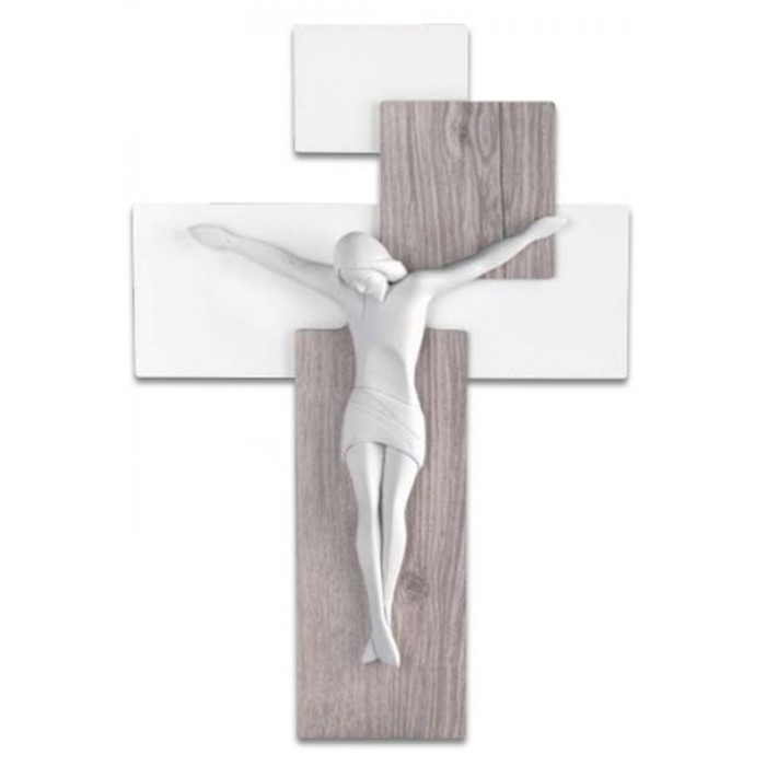 CROCIFISSO PARETE MODERNO IN LEGNO ROVERE CON CRISTO BIANCO