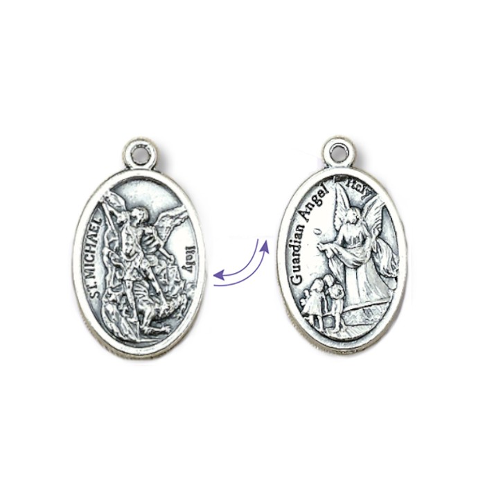 Medaglia Doppia Faccia San Michele Arcangelo e Angelo Custode in metallo ossidato