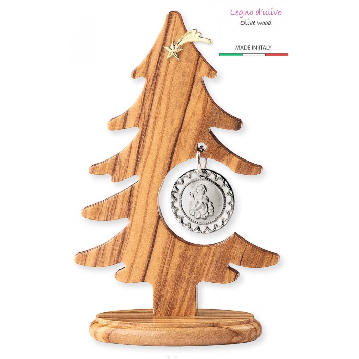 ALBERO NATALE IN LEGNO ULIVO CON PALLINA CIONDOLO GESÙ BAMBINO