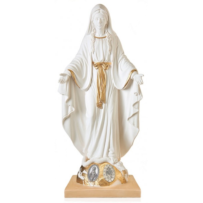 STATUA MADONNA MIRACOLOSA IN RESINA BIANCA DECORATA E MEDAGLIA