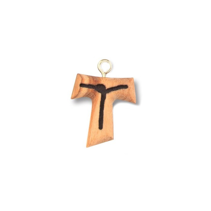 COLLANA TAU IN LEGNO ULIVO CON CRISTO STILIZZATO INCISO