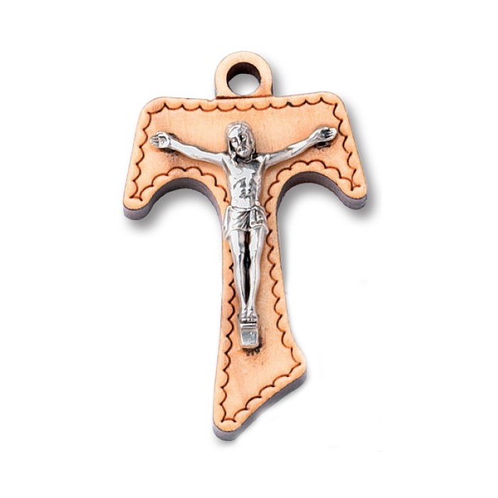 COLLANA TAU IN LEGNO DI ULIVO CON CRISTO IN METALLO