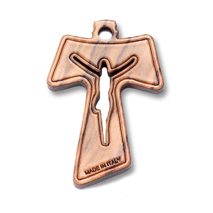 Collana Tau in Legno Ulivo Corpo Cristo Traforato