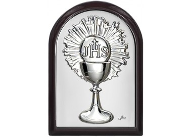 QUADRO CALICE EUCARISTICO IN ARGENTO SU PANNELLO LEGNO NOCE
