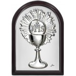 QUADRO CALICE EUCARISTICO IN ARGENTO SU PANNELLO LEGNO NOCE