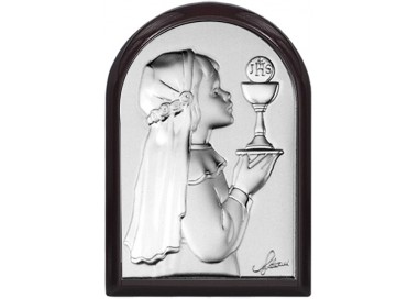 QUADRO RICORDO PRIMA COMUNIONE BAMBINA IN ARGENTO SU PANNELLO LEGNO NOCE