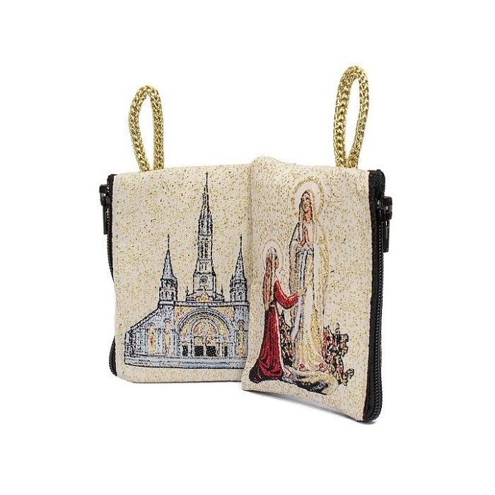 BORSELLINO PORTAROSARIO MADONNA DI LOURDES IN TESSUTO DECORATO