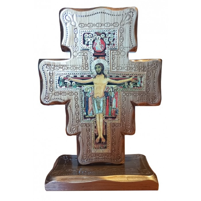 CROCE S.DAMIANO IN LEGNO DA APPOGGIO CON IMMAGINE A RILIEVO