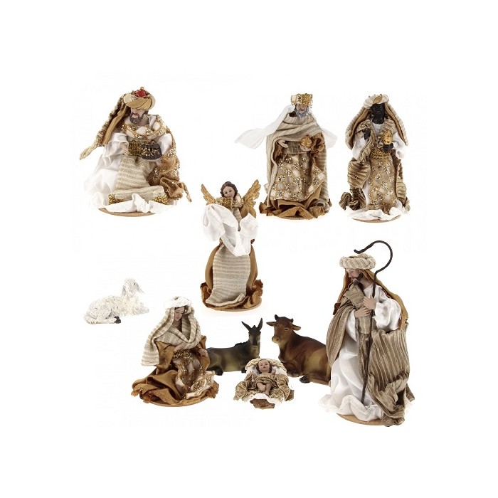 PRESEPE STATUINE IN RESINA DIPINTA A MANO CON VESTITI STOFFA