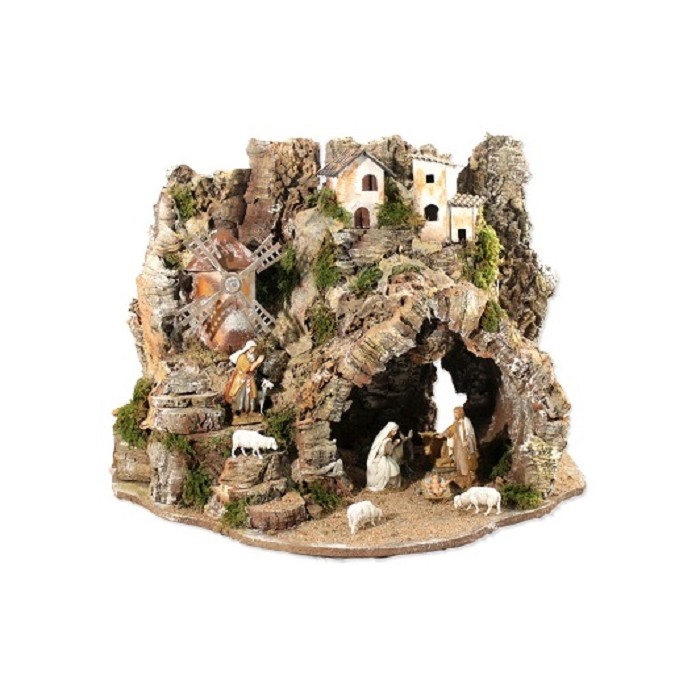 PRESEPE CON NATIVITÀ LUCI E MULINO A VENTO