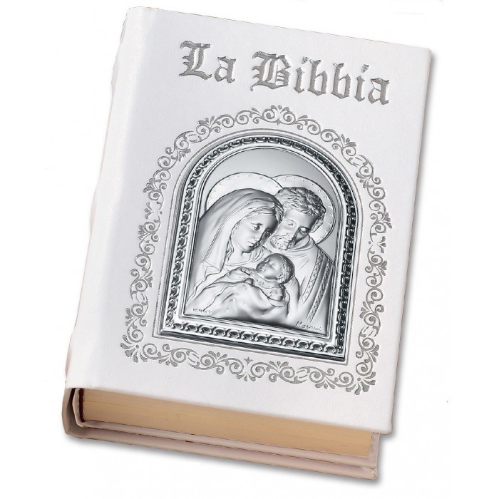 SACRA BIBBIA IN PELLE BIANCA E PLACCA ARGENTO