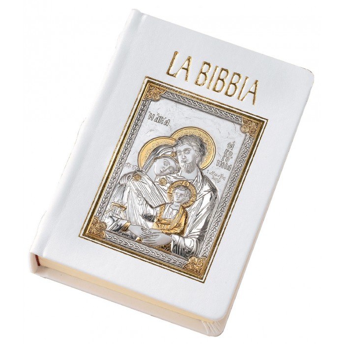 SACRA BIBBIA IN PELLE BIANCA CON PLACCA ARGENTO