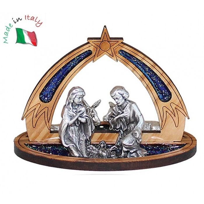 PRESEPE CON NATIVITÀ IN METALLO SU LEGNO ULIVO CON SMALTO