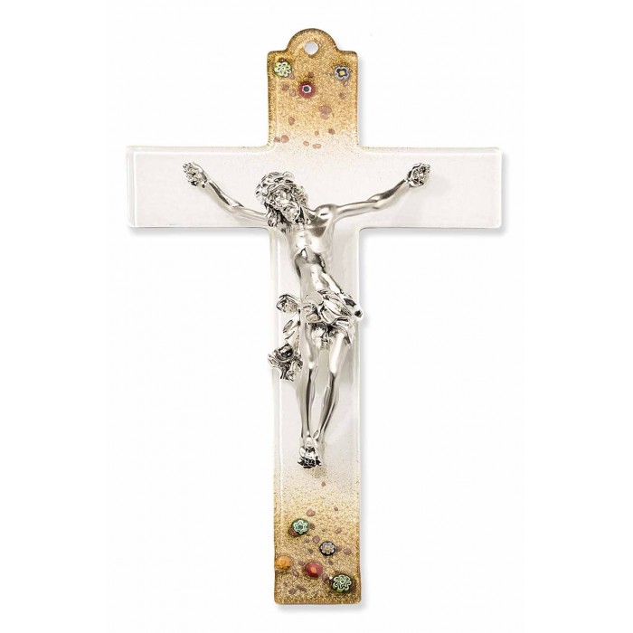 CROCIFISSO IN VETRO DI MURANO CON MURRINE E CRISTO METALLO