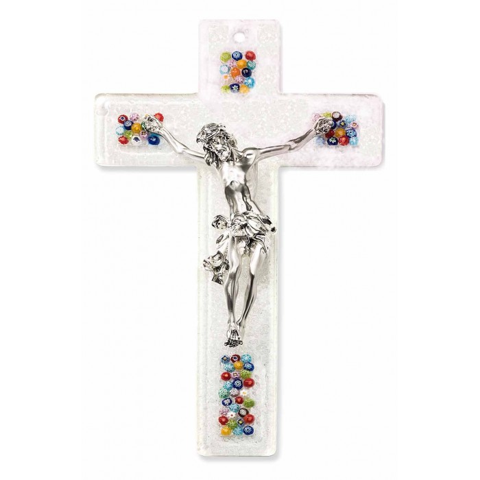 CROCIFISSO IN VETRO DI MURANO CON MURRINE E CRISTO METALLO