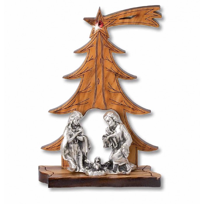 Albero Di Natale In Legno Con Presepe.Albero Natale Legno Ulivo Con Piccolo Presepe In Metallo Artesacrashop