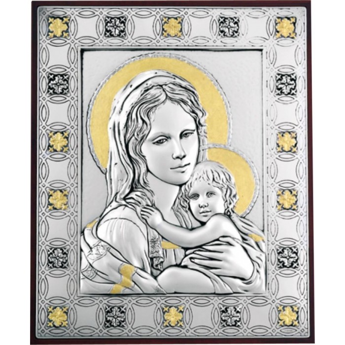 QUADRO MADONNA CON BAMBINO ARGENTO E ORO