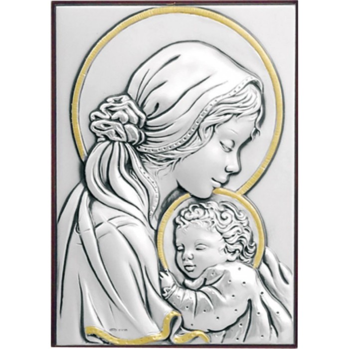 QUADRO MODERNO MADONNA CON BAMBINO ARGENTO E ORO