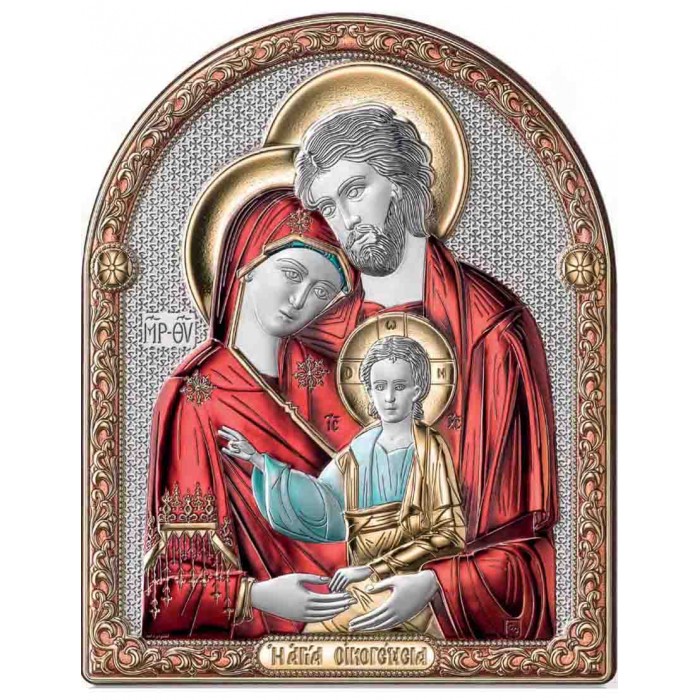 ICONA ORTODOSSA IN ARGENTO BILAMINATO DIPINTO "SACRA FAMIGLIA"